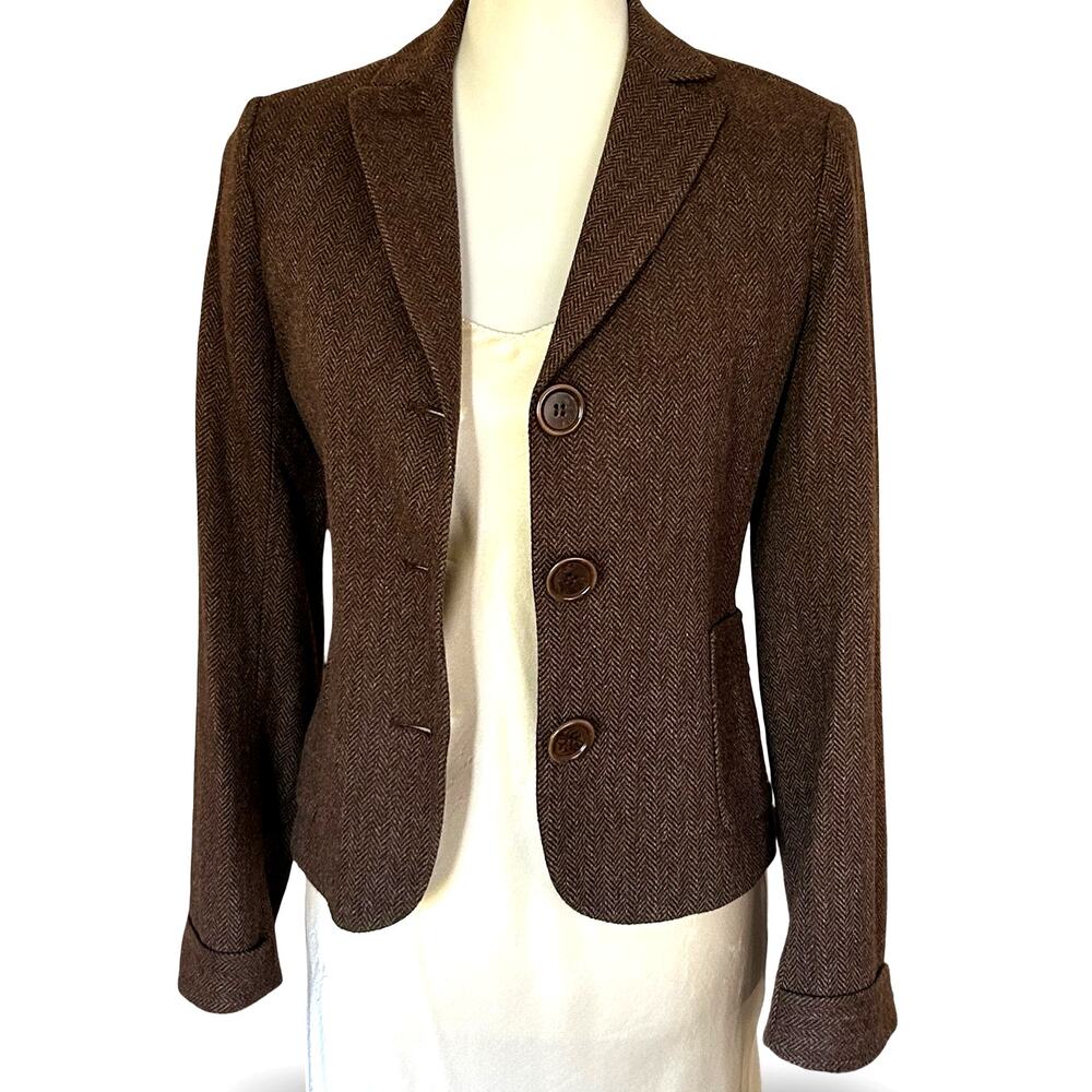Vintage 90s Max Studio Special Edition Brown Herringbone Wool Blazer Small - Picture 2 of 12